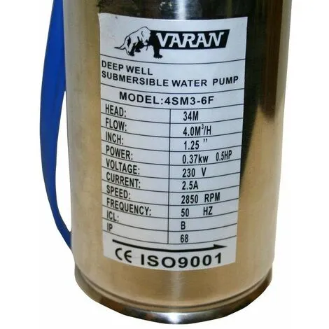 Varan Motors - 4SM3-6F Pompe à Eau Immergée Pour Puits Profond Ou Forage, 4m³/h - 34m, 370Watt, Rotor INOX - Gris 7 Varan Motors - 4SM3-6F Pompe à Eau Immergée Pour Puits Profond Ou Forage, 4m³/h - 34m, 370Watt, Rotor INOX - Gris – Image 5